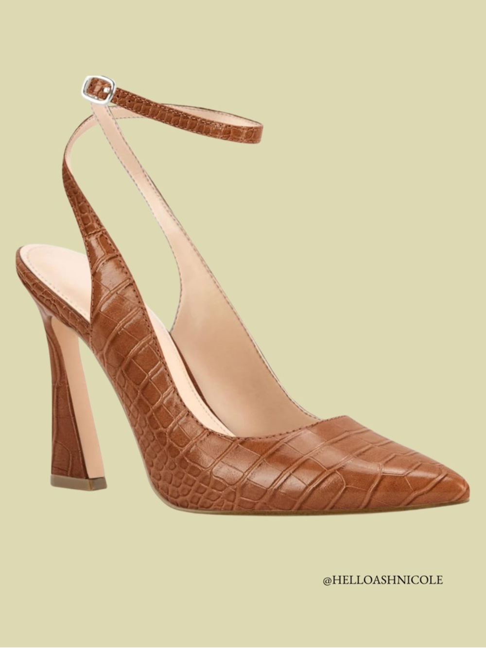 Brown Croc-Embossed Ankle-Strap Pointed Toe Pumps - Picture 1 of 11